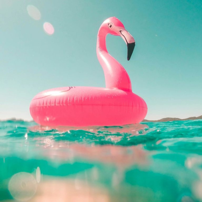 Ein pinkfarbener Flamingo-Schwimmring schwimmt im klaren Wasser.
