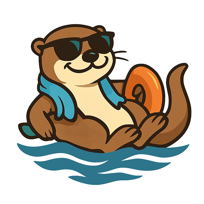 Süße Otterfigur mit Sonnenbrille, schwimmend auf Wasser, mit einem Schwimmreifen.