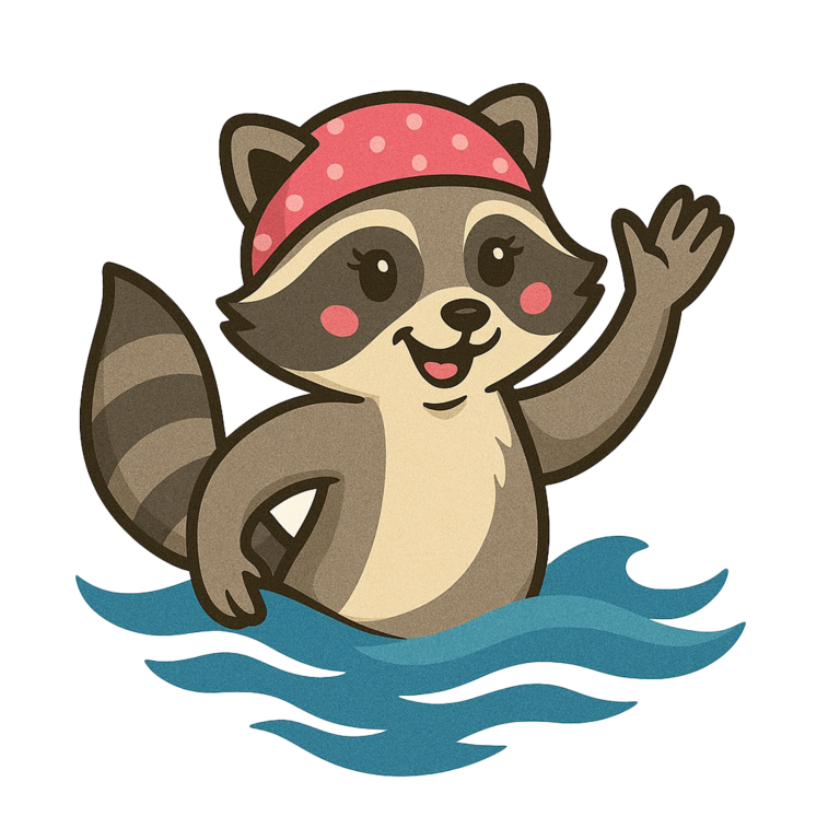 Eine fröhliche Waschbärin mit einem roten und  gepunkteten Bandana auf dem Kopf, winkt aus dem aus Wasser.