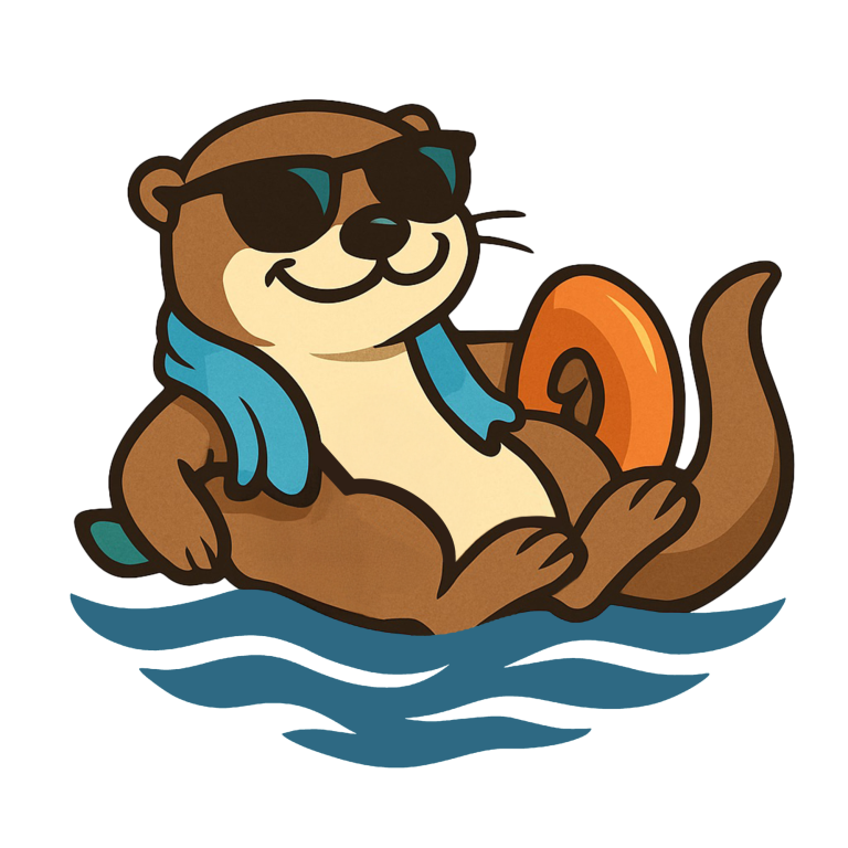 Ein entspannter Otter mit Sonnenbrille auf dem Kopf und blauen Handtuch um den Hals, lässt sich auf einer Poolnudel auf dem Wasser treiben.