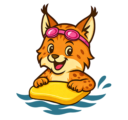 Ein fröhlicher Luchs schwimmt mit einem gelben Schwimmbrett durch das Wasser. Der Luchs trägt eine rosafarbene Schwimmbrille auf dem Kopf.
