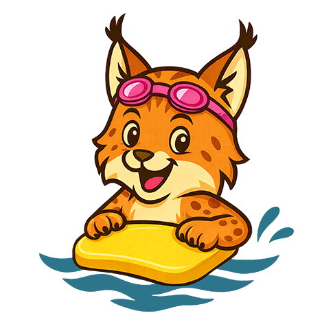 Ein fröhlicher Luchs schwimmt mit einem gelben Schwimmbrett durch das Wasser. Der Luchs trägt eine rosafarbene Schwimmbrille auf dem Kopf.