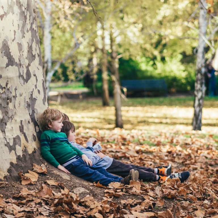 Zwei Kinder sitzen entspannt unter einem Baum, umgeben von herbstlichen Blättern.