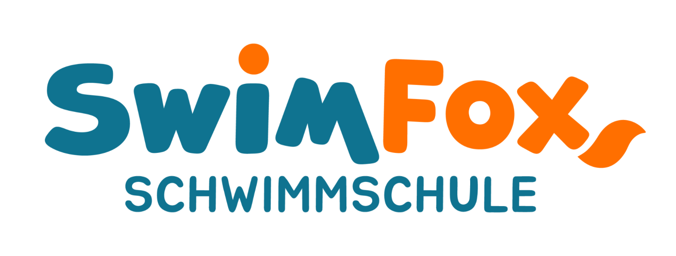 Logo Schriftzug Logo der Schwimmschule SwimFox mit blauen und orangen Buchstaben.