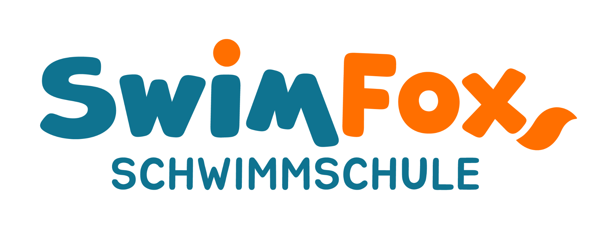 Logo der Schwimmschule SwimFox mit blauen und orangen Buchstaben.