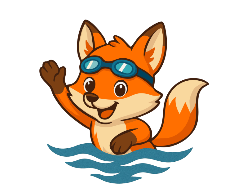 Ein fröhlicher, orangefarbener Fuchs mit Schwimmbrille, der im Wasser schwimmt.