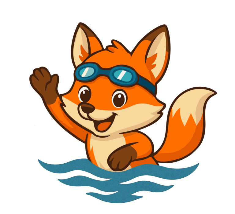 Ein fröhlicher, orangefarbener Fuchs mit Schwimmbrille, der im Wasser schwimmt.