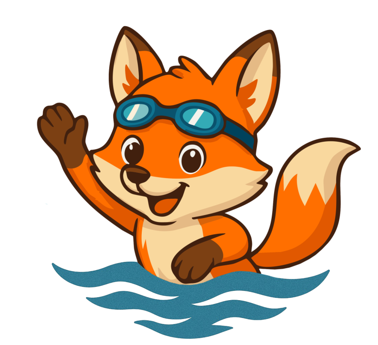 Ein fröhlicher Fuchs mit Schwimmbrille auf der Stirn, der im Wasser planscht und rüber winkt.