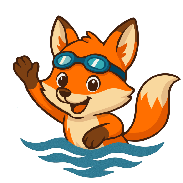 Ein fröhlicher Fuchs mit Schwimmbrille auf der Stirn, der im Wasser planscht und rüber winkt.