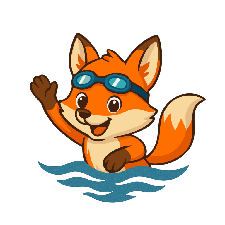 SwimFox, das Logo der Schwimmschule Ein fröhlicher, schwimmender Fuchs mit Schwimmbrille winkt.