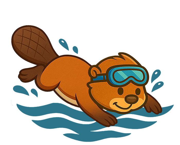 Ein fröhlicher Fuchs mit Schwimmbrille, der lächelnd im Wasser schwimmt.