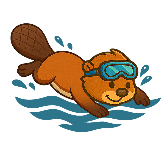 Ein fröhlicher Fuchs mit Schwimmbrille, der lächelnd im Wasser schwimmt.