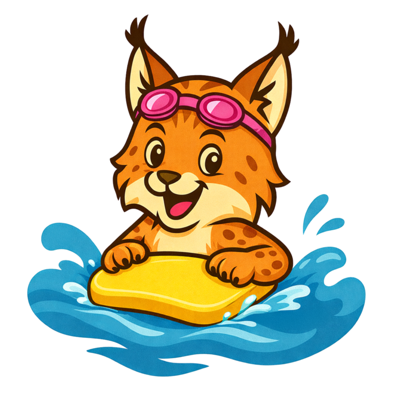 Ein fröhlicher Luchs schwimmt mit einem gelben Schwimmbrett durch das Wasser. Der Luchs trägt eine rosafarbene Schwimmbrille auf dem Kopf.