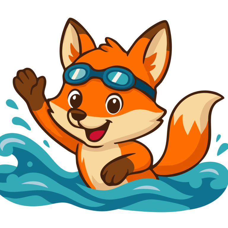 Ein fröhlicher Fuchs mit Schwimmbrille auf der Stirn, der im Wasser planscht und rüber winkt.